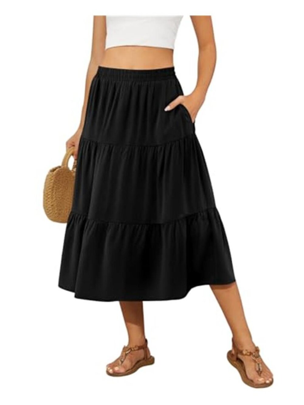 Women's Midi Skirt Flowy Tiered Ruffle High Waist Skirts